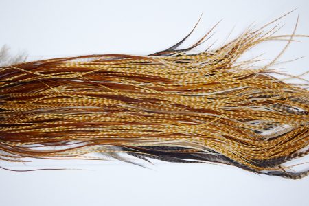 4087 Whiting Dry Fly Hackle, Bronze Grade Rooster Saddle Dark Barred Ginger Ties Size 16-18