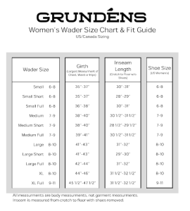 Grundens Woman's Wader Sizing Chart