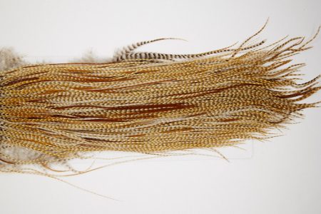 4911 Hebert Dry Fly Hackle Silver Grade Rooster Saddle Medium Barred Ginger Ties Size 14-16