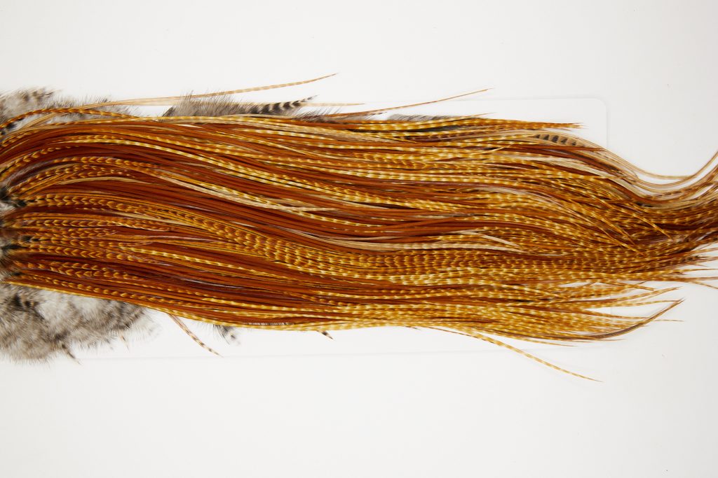 10748 Whiting Dry Fly Hackle Bronze Grade Rooster Saddle Dark Barred Ginger Ties Size 16-18