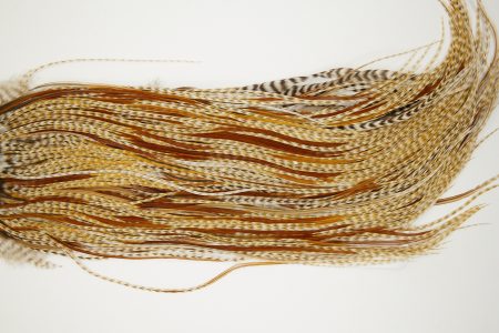 11068 Hebert Dry Fly Hackle Gold Grade Rooster Saddle Medium Barred Ginger Ties Size 12-14