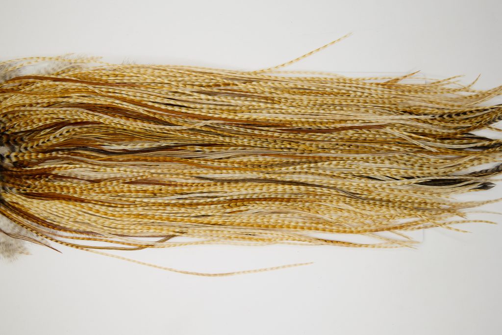 12022 Hebert Dry Fly Hackle Silver Grade Rooster Saddle Medium Barred Ginger Ties Size 12-16