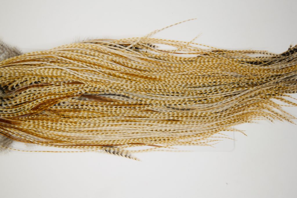 12024 Hebert Dry Fly Hackle Silver Grade Rooster Saddle Medium Barred Ginger Ties Size 14-18