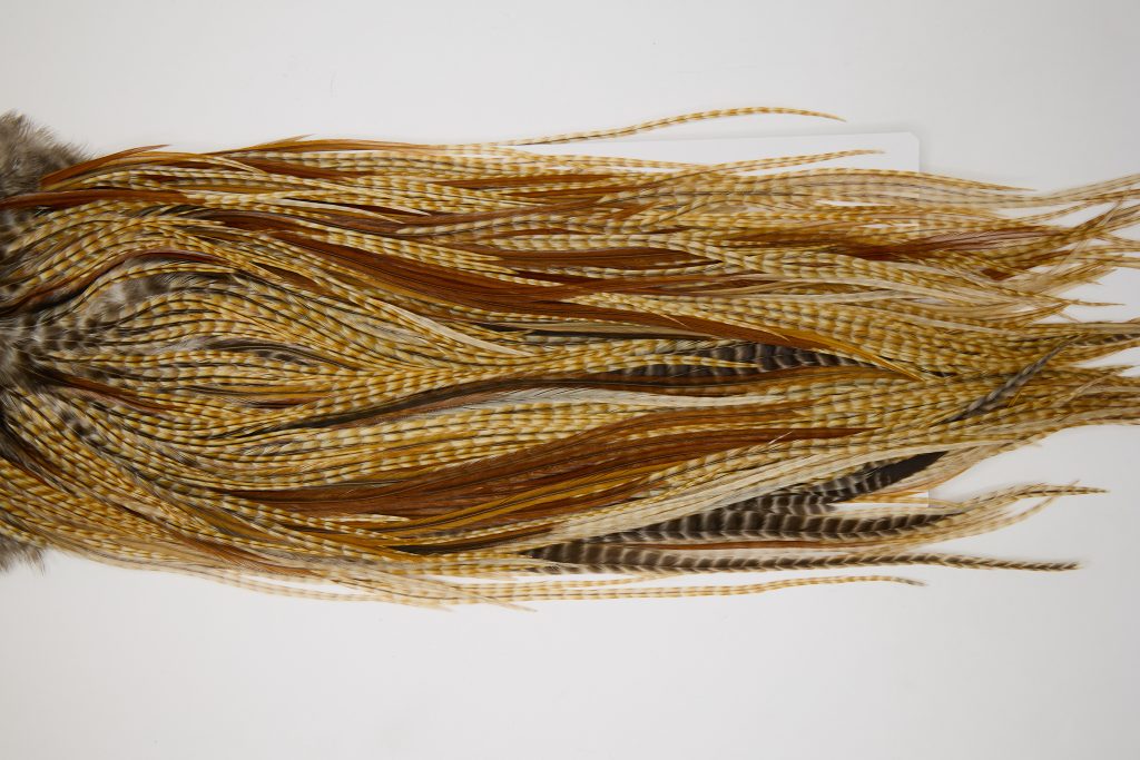 12049 Hebert Dry Fly Hackle Bronze Grade Rooster Saddle Medium Barred Ginger Ties Size 12-14